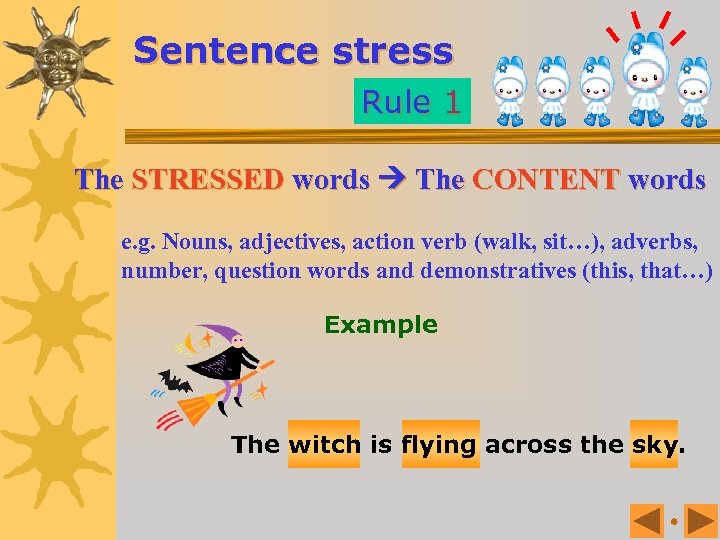 Sentence stress Rule 1 The STRESSED words The CONTENT words e. g. Nouns, adjectives,