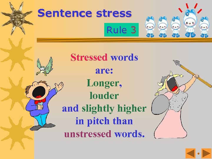 Sentence stress Rule 3 Stressed words are: Longer, louder and slightly higher in pitch