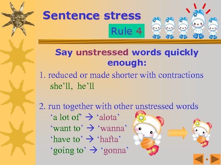 Sentence stress Rule 4 Say unstressed words quickly enough: 1. reduced or made shorter