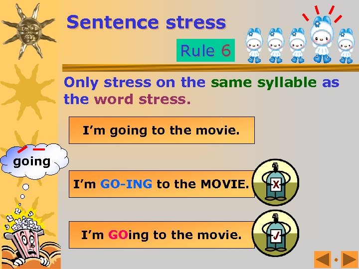 Sentence stress Rule 6 Only stress on the same syllable as the word stress.