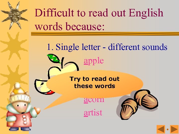 Difficult to read out English words because: 1. Single letter - different sounds apple