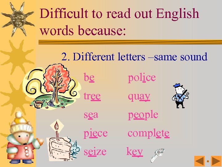 Difficult to read out English words because: 2. Different letters –same sound be police