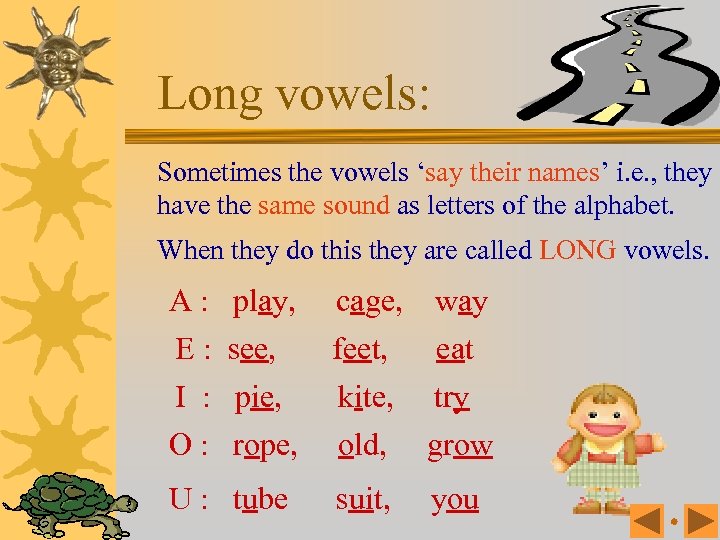 Long vowels: Sometimes the vowels ‘say their names’ i. e. , they have the