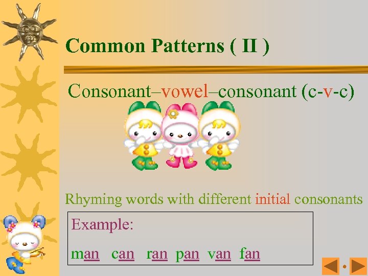 Common Patterns ( II ) Consonant–vowel–consonant (c-v-c) Rhyming words with different initial consonants Example: