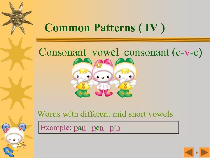 Common Patterns ( IV ) Consonant–vowel–consonant (c-v-c) Words with different mid short vowels Example: