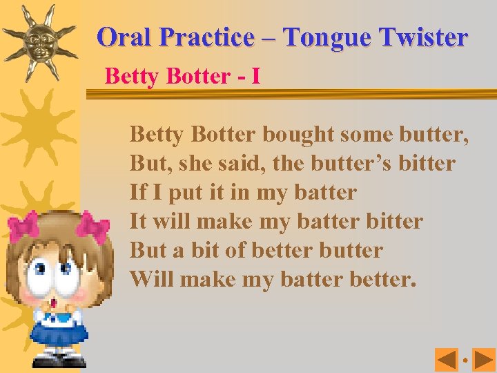 Oral Practice – Tongue Twister Betty Botter - I Betty Botter bought some butter,