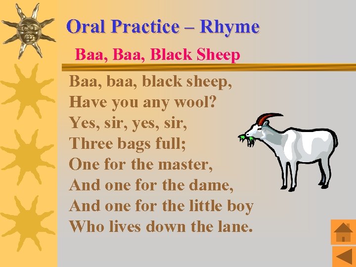 Oral Practice – Rhyme Baa, Black Sheep Baa, black sheep, Have you any wool?