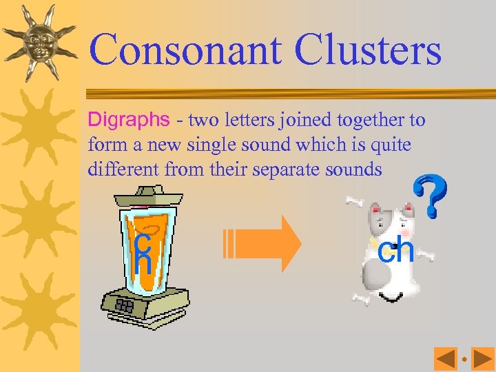 Consonant Clusters Digraphs - two letters joined together to form a new single sound