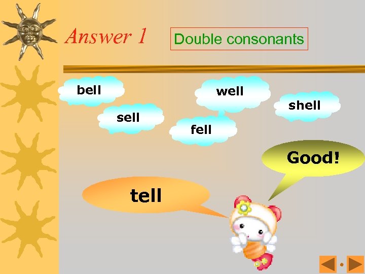 Answer 1 Double consonants bell well shell fell Good! tell 