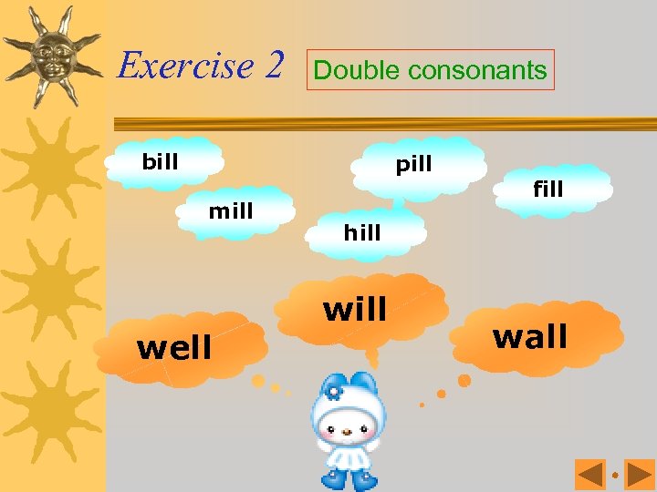 Exercise 2 Double consonants bill pill mill well fill hill wall 