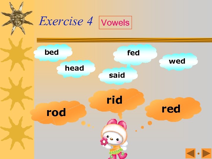 Exercise 4 Vowels bed fed head rod wed said red 