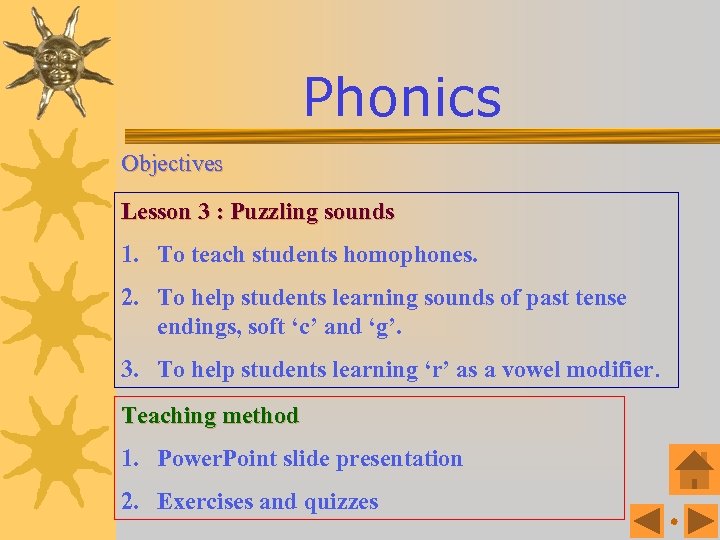 Phonics Objectives Lesson 3 : Puzzling sounds 1. To teach students homophones. 2. To