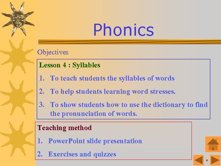 Phonics Objectives Lesson 4 : Syllables 1. To teach students the syllables of words