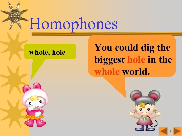 Homophones whole, hole You could dig the biggest hole in the whole world. 