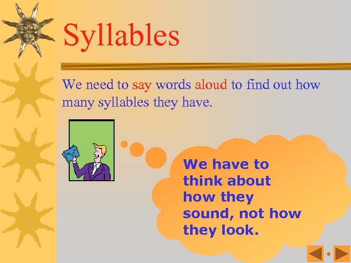 Syllables We need to say words aloud to find out how many syllables they