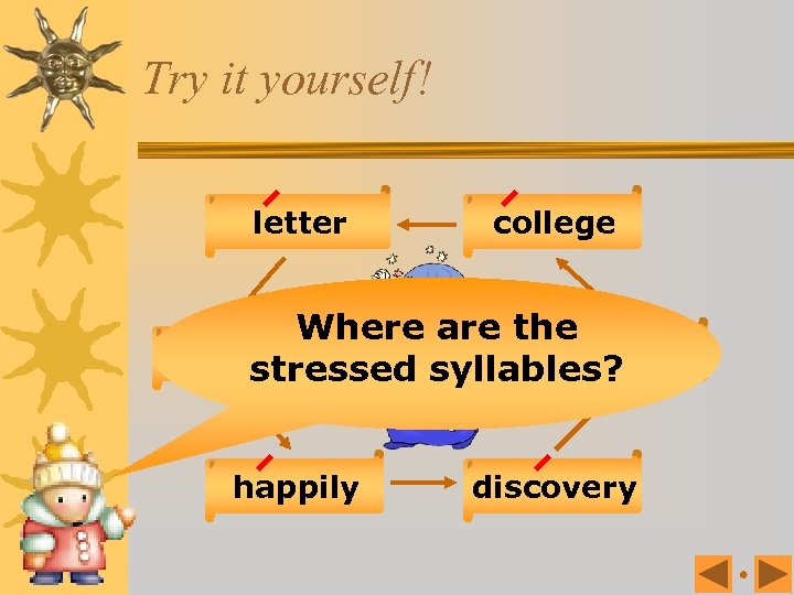 Try it yourself! letter college Where are the compare school stressed syllables? happily discovery