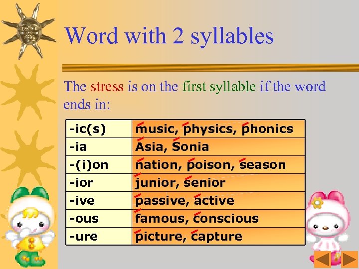 Word with 2 syllables The stress is on the first syllable if the word