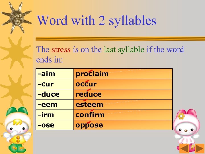 Word with 2 syllables The stress is on the last syllable if the word