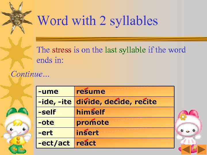 Word with 2 syllables The stress is on the last syllable if the word