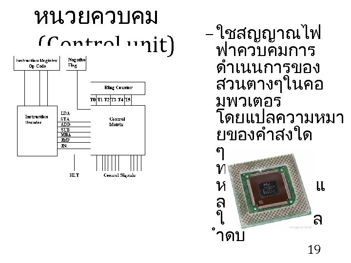 หนวยควบคม (Control unit) – ใชสญญาณไฟ ฟาควบคมการ ดำเนนการของ สวนตางๆในคอ มพวเตอร โดยแปลความหมา ยของคำสงใด ๆ ทไดรบจาก หนวยความจำแ