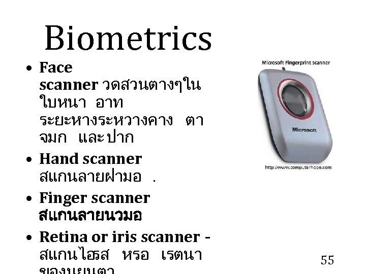 Biometrics • Face scanner วดสวนตางๆใน ใบหนา อาท ระยะหางระหวางคาง ตา จมก และ ปาก • Hand