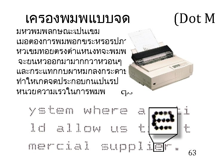 เครองพมพแบบจด มหวพมพลกษณะเปนเขม เมอตองการพมพอกขระหรอรปภาพ หวเขมทอยตรงตำแหนงทจะพมพ จะยนหวออกมามากกวาหวอนๆ และกระแทกกบผาหมกลงกระดาษทใชพมพ ทำใหเกดจดประกอบกนเปนรป หนวยความเรวในการพมพ cps (Dot M 63 