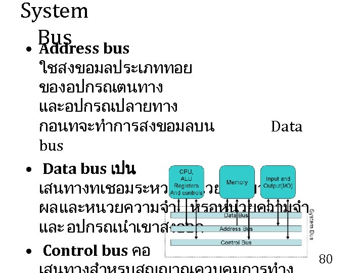 System Bus • Address bus ใชสงขอมลประเภททอย ของอปกรณตนทาง และอปกรณปลายทาง กอนทจะทำการสงขอมลบน Data bus • Data bus