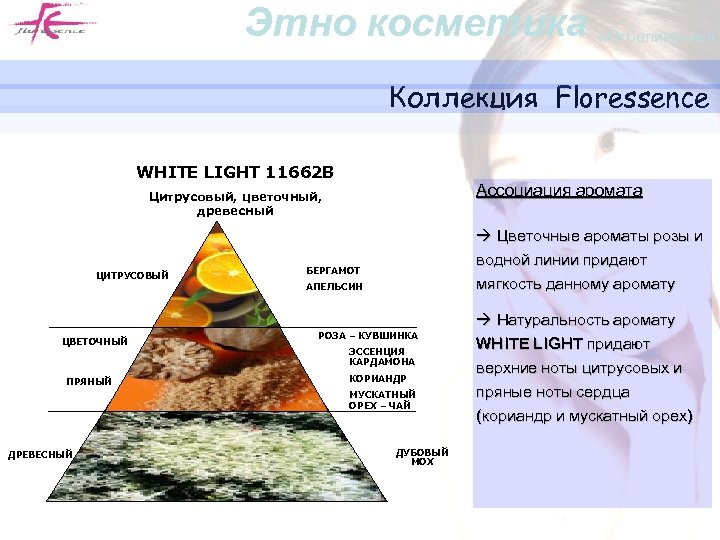 Этно косметика «Отбеливание» Коллекция Floressence WHITE LIGHT 11662 B Ассоциация аромата Цитрусовый, цветочный, древесный