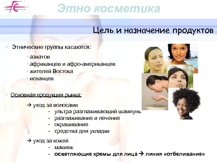 Этно косметика Цель и назначение продуктов ü Этнические группы касаются: • азиатов • африканцев