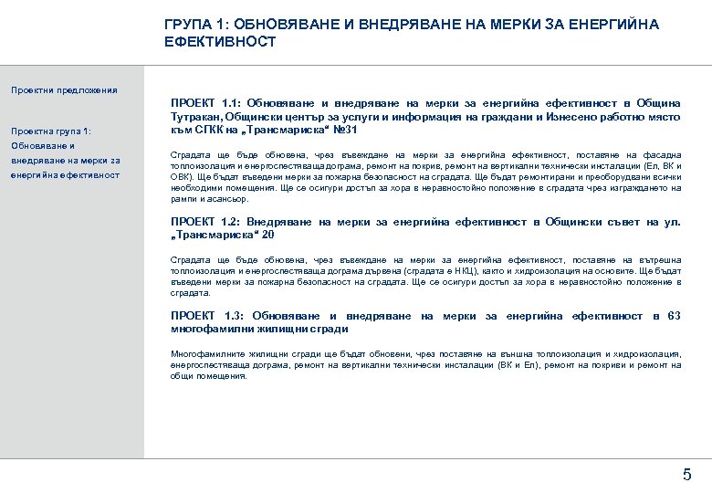 ГРУПА 1: ОБНОВЯВАНЕ И ВНЕДРЯВАНЕ НА МЕРКИ ЗА ЕНЕРГИЙНА ЕФЕКТИВНОСТ Проектни предложения Проектна група