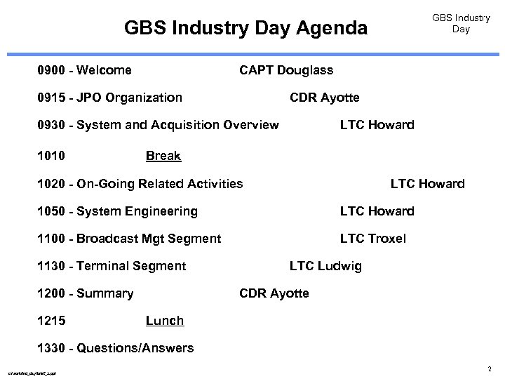 GBS Industry Day Agenda 0900 - Welcome CAPT Douglass 0915 - JPO Organization CDR