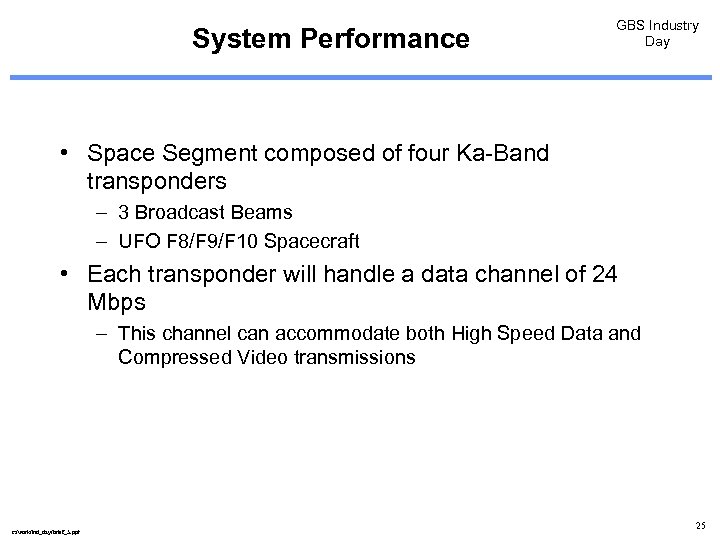 System Performance GBS Industry Day • Space Segment composed of four Ka-Band transponders –