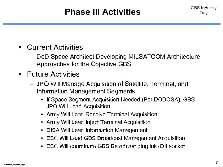 Phase III Activities GBS Industry Day • Current Activities – Do. D Space Architect