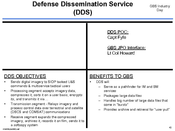 Defense Dissemination Service (DDS) GBS Industry Day DDS POC: Capt Fyfe GBS JPO Interface: