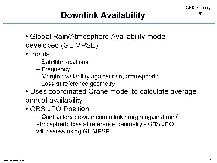 Downlink Availability GBS Industry Day • Global Rain/Atmosphere Availability model developed (GLIMPSE) • Inputs: