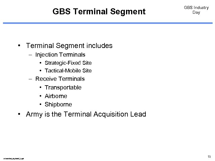 GBS Terminal Segment GBS Industry Day • Terminal Segment includes – Injection Terminals •