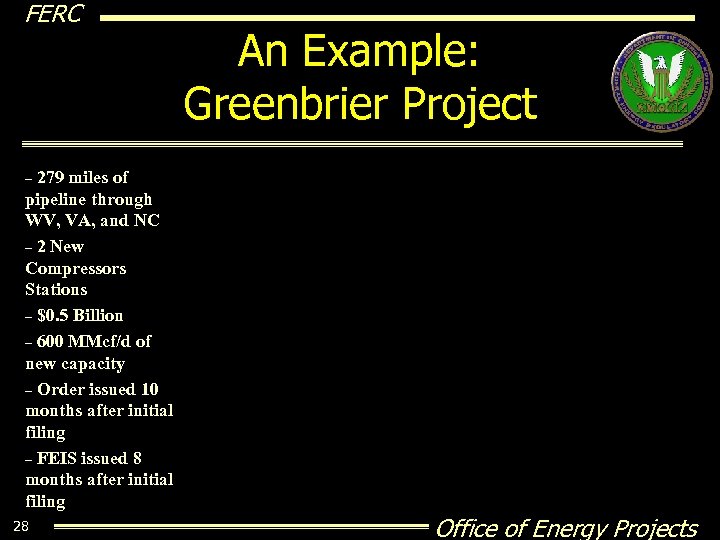 FERC An Example: Greenbrier Project 279 miles of pipeline through WV, VA, and NC