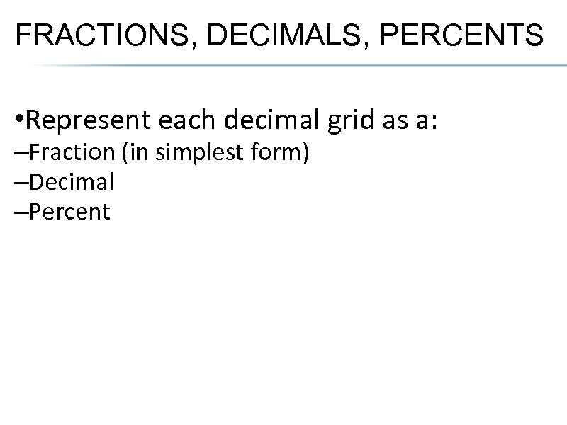 FRACTIONS, DECIMALS, PERCENTS • Represent each decimal grid as a: –Fraction (in simplest form)