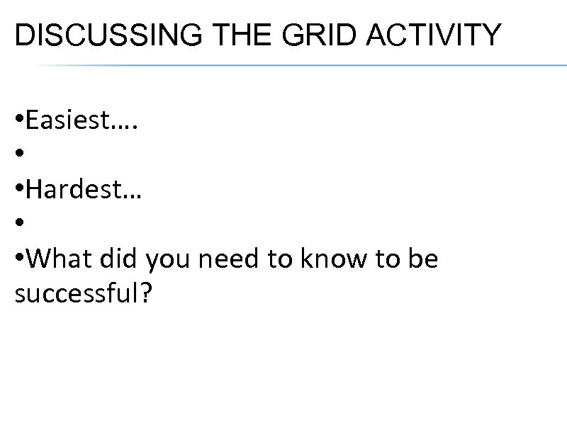 DISCUSSING THE GRID ACTIVITY • Easiest…. • • Hardest… • • What did you