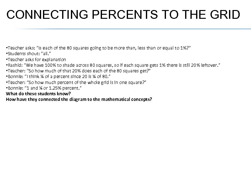 CONNECTING PERCENTS TO THE GRID • Teacher asks: “Is each of the 80 squares