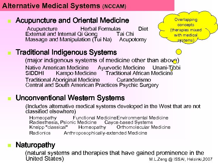 Alternative Medical Systems (NCCAM) n Acupuncture and Oriental Medicine Acupuncture Herbal Formulas Diet External