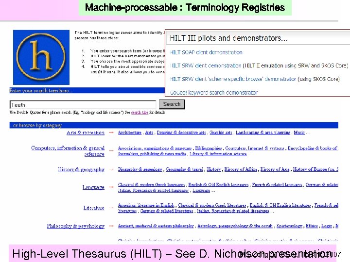 Machine-processable : Terminology Registries M. L. Zeng @ ISSAI, Helsinki, 2007 High-Level Thesaurus (HILT)