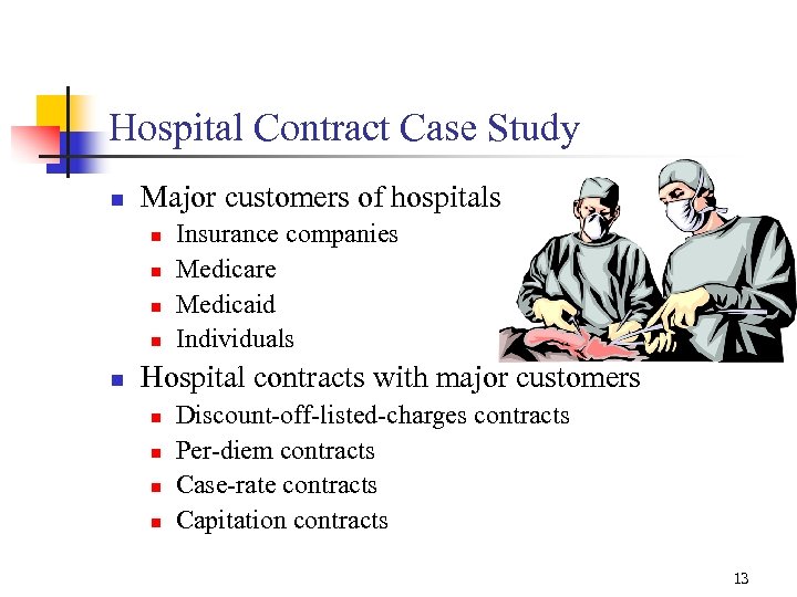 Hospital Contract Case Study n Major customers of hospitals n n n Insurance companies