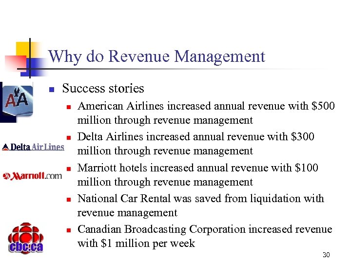 Why do Revenue Management n Success stories n n n American Airlines increased annual