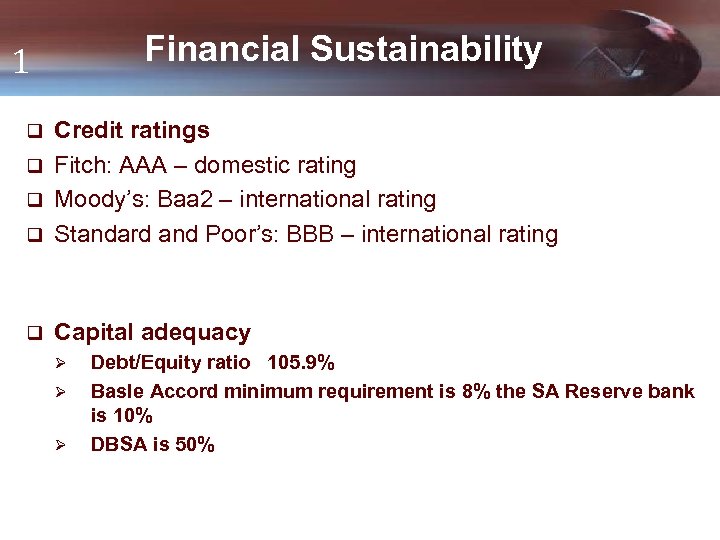 Financial Sustainability 1 Credit ratings q Fitch: AAA – domestic rating q Moody’s: Baa