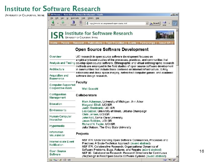 Open source software research Web site at UCI 16 