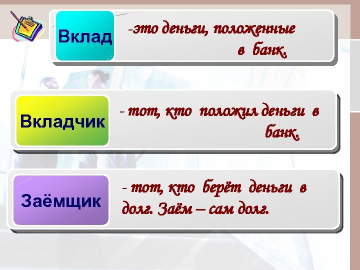 -это деньги, положенные Вклад в банк. - тот, кто положил деньги в Вкладчик банк.