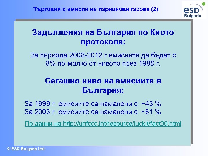 Търговия с емисии на парникови газове (2) Задължения на България по Киото протокола: За