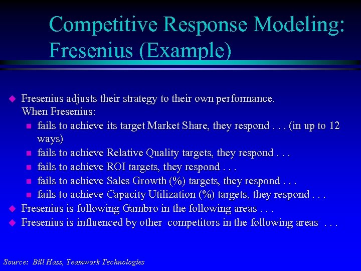 Competitive Response Modeling: Fresenius (Example) u u u Fresenius adjusts their strategy to their