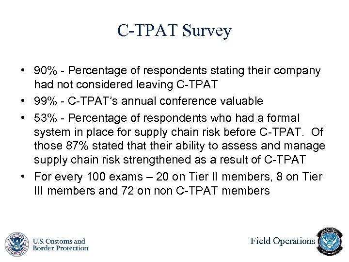 C-TPAT Survey • 90% - Percentage of respondents stating their company had not considered